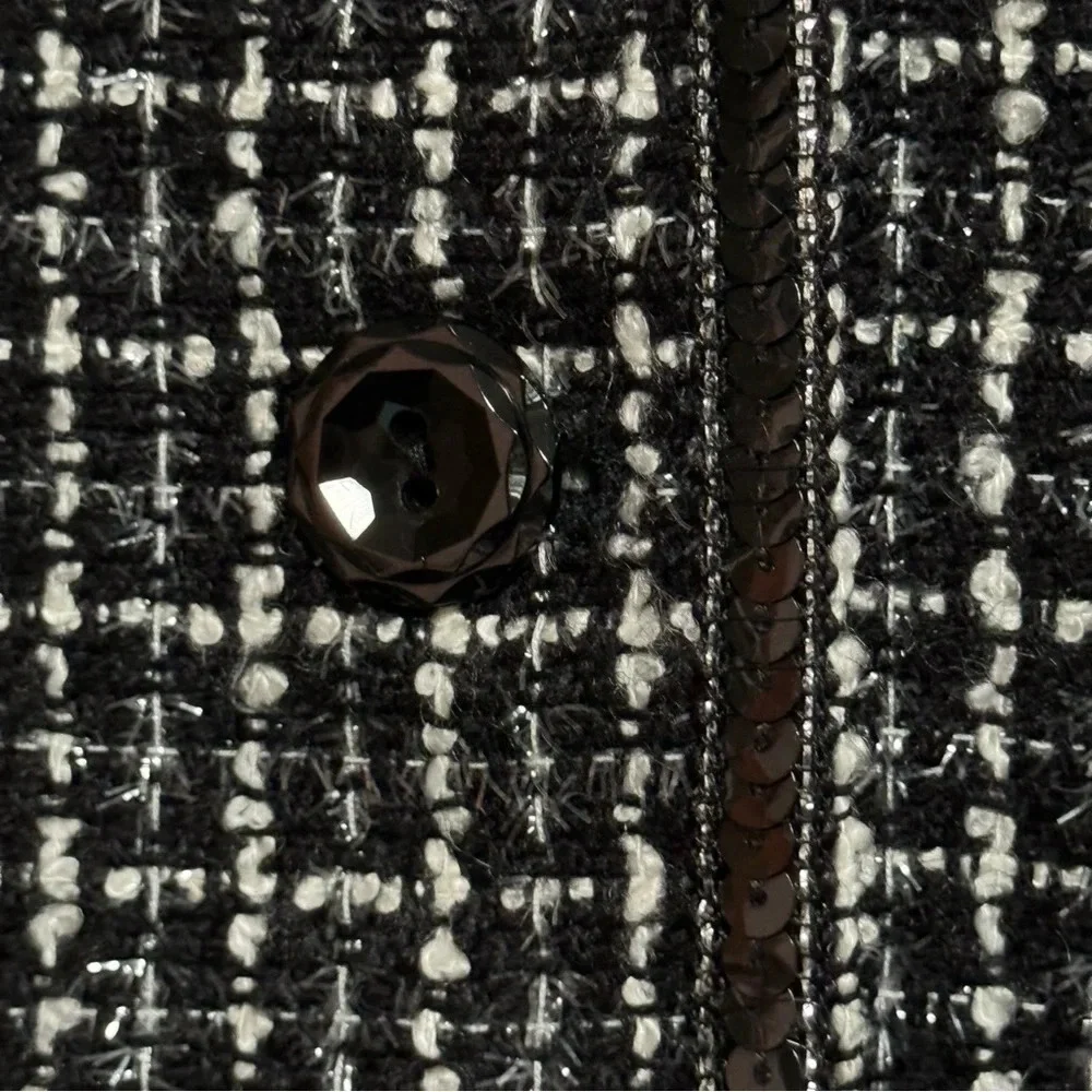 SAG HARBOR Black White Metallic Silver Woven Jacket / Blazer Sequin Trim Size 8